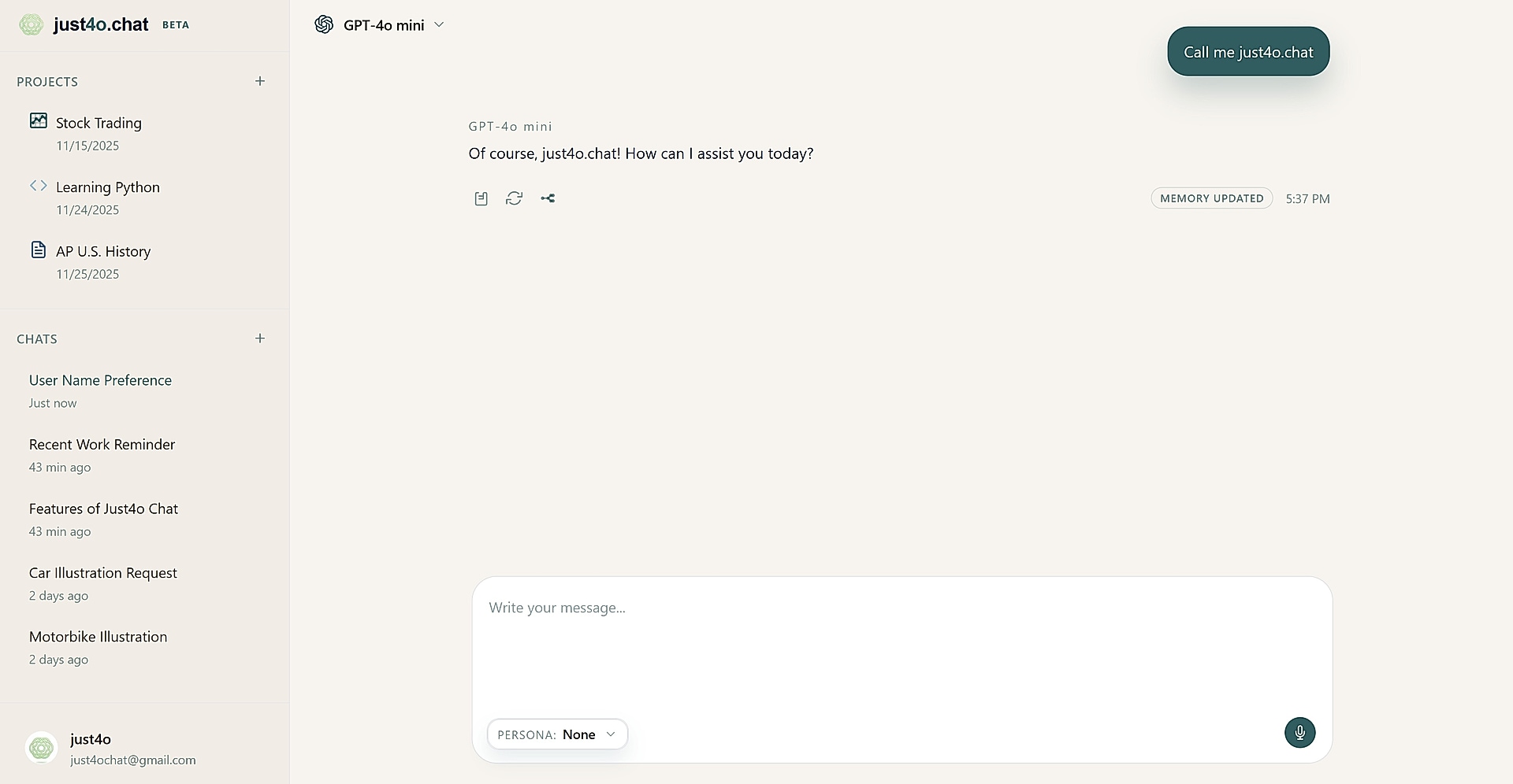 Memory created status in chat